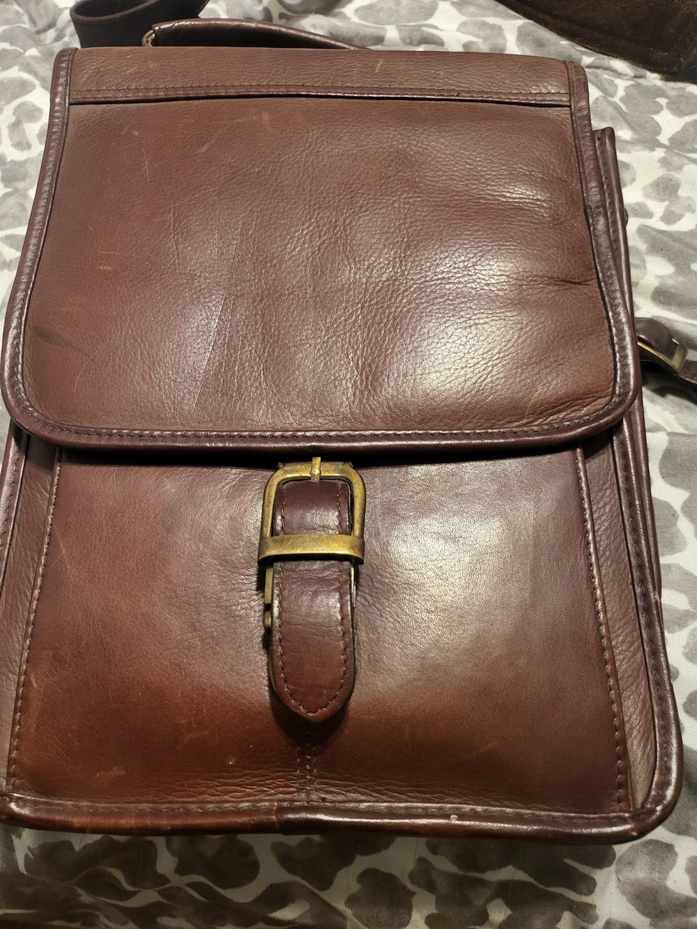 Men's Brown Leather Messenger Bag with Brass Buckle